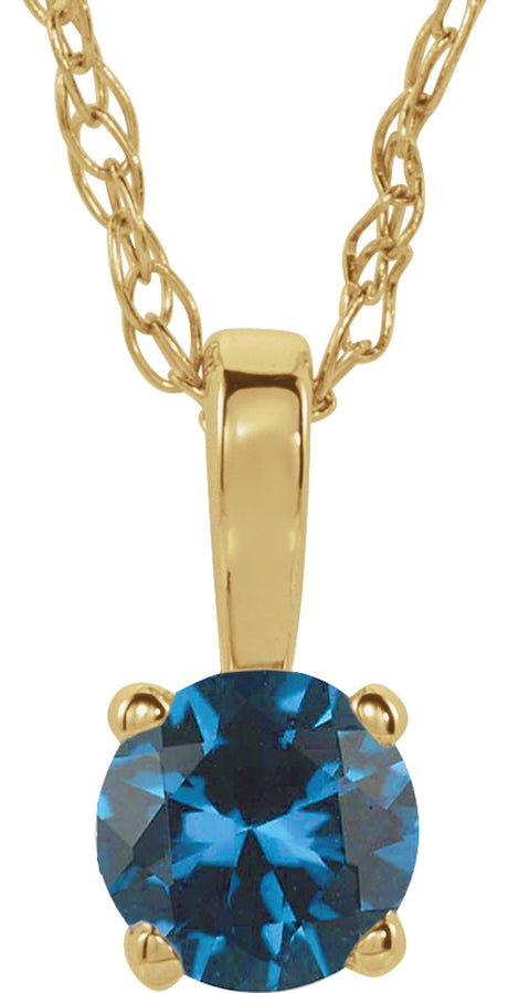 14K Yellow Gold 3 mm Imitation Blue Zircon Youth Solitaire 14" Necklace