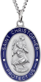 Sterling Silver 26x20 mm Blue Enamel St. Christopher Medal 24" Necklace