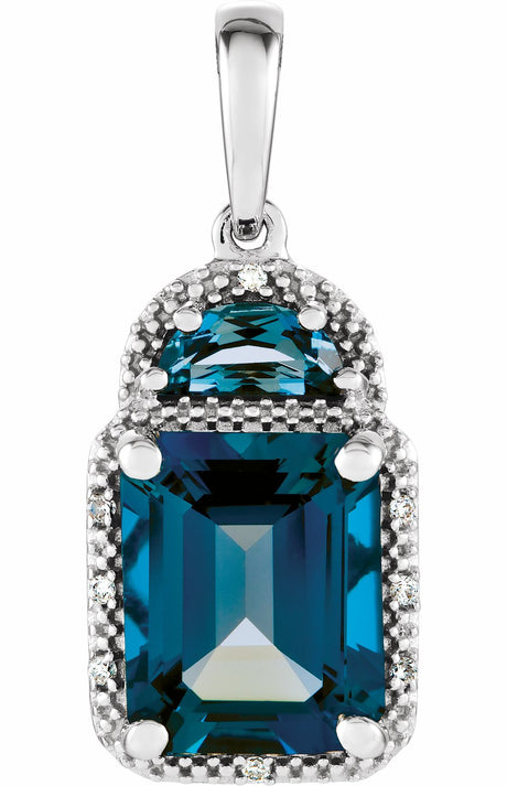 14K White Natural London Blue Topaz & .03 CTW Natural Diamond Pendant