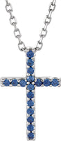 14K White Natural Blue Sapphire Petite Cross 16" Necklace