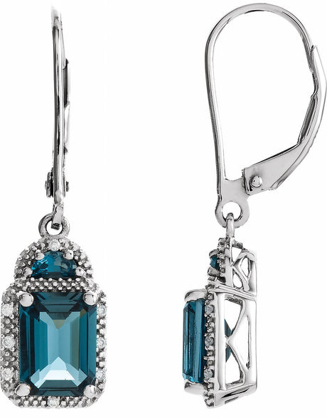 14K White Natural London Blue Topaz & .06 CTW Natural Diamond Earrings