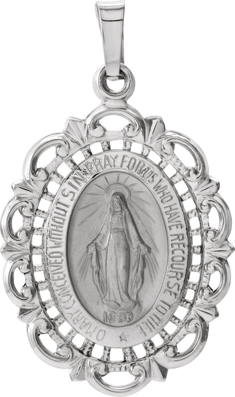 14K White Gold 25x18 mm Oval Filigree Miraculous Medal