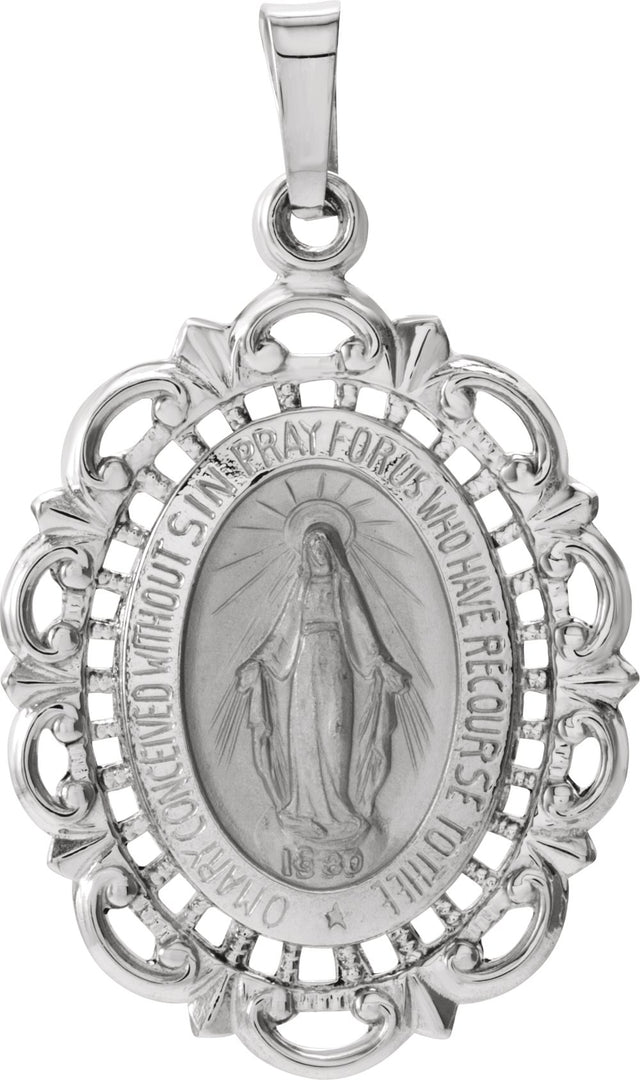 14K White Gold 25x18 mm Oval Filigree Miraculous Medal