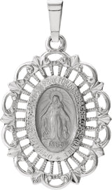 14K White Gold 22x16 mm Oval Filigree Miraculous Medal