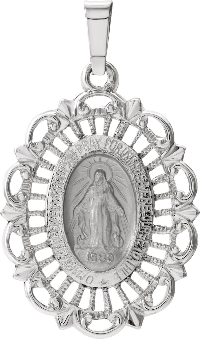 14K White Gold 22x16 mm Oval Filigree Miraculous Medal