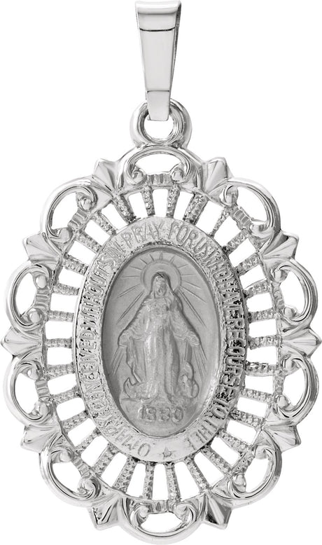 14K White 22x16 mm Oval Filigree Miraculous Medal