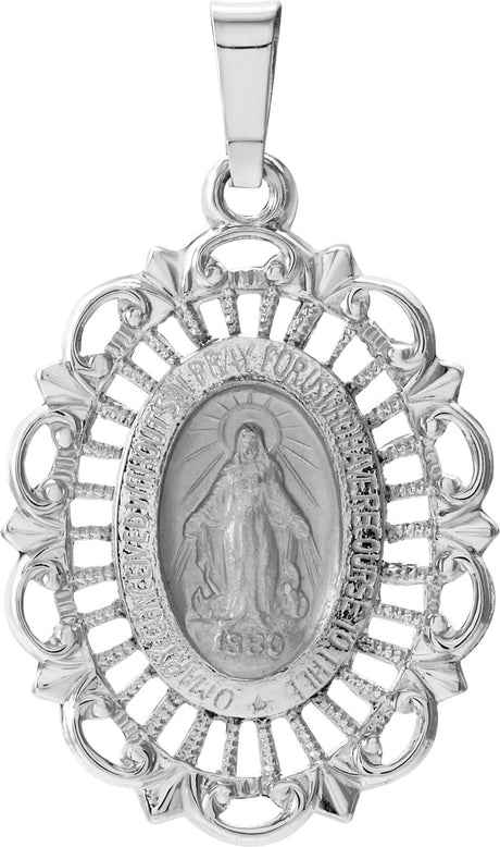 14K White Gold 22x16 mm Oval Filigree Miraculous Medal