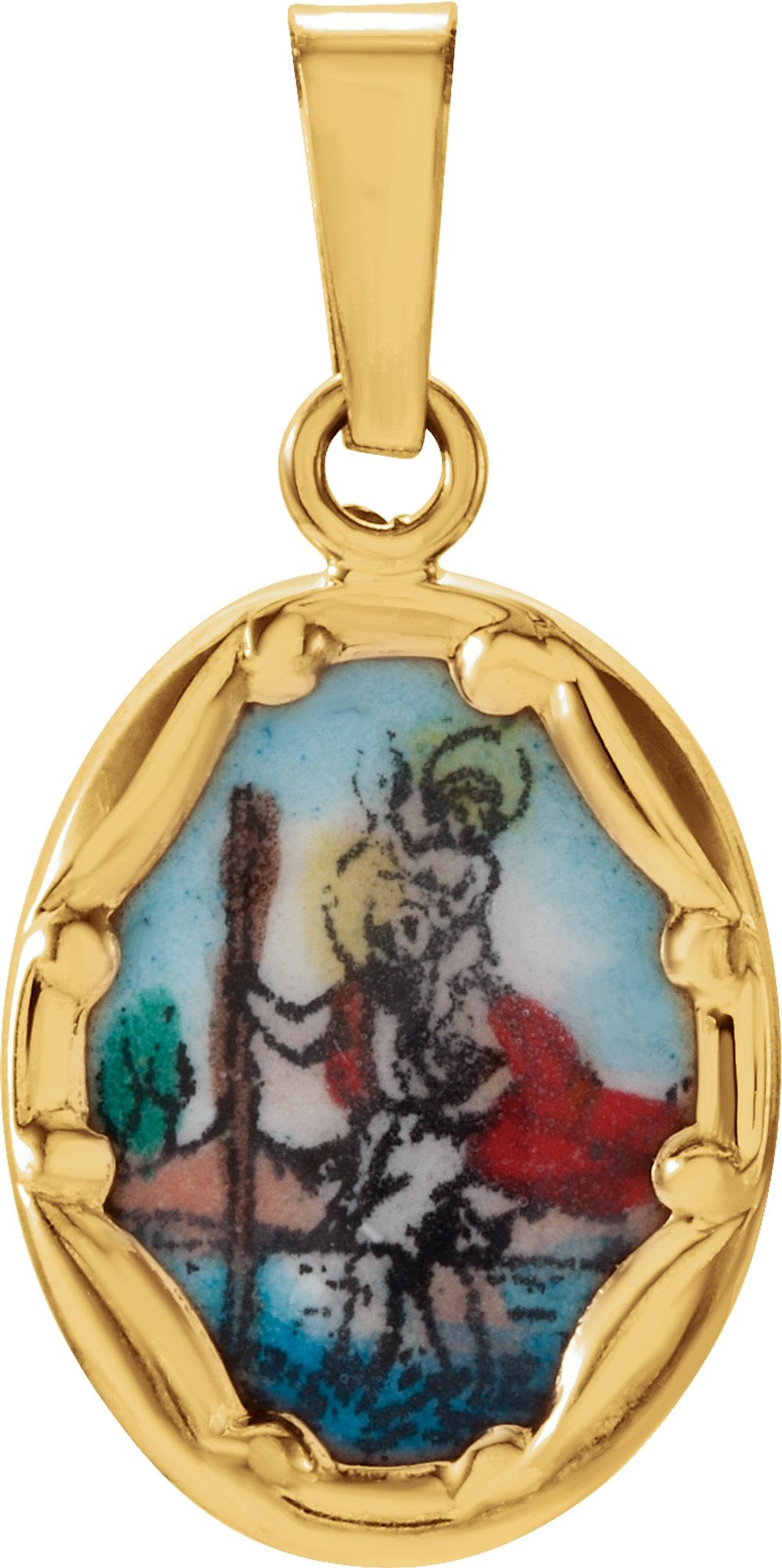 14K Yellow 13x10 mm St. Christopher Hand-Painted Porcelain Medal