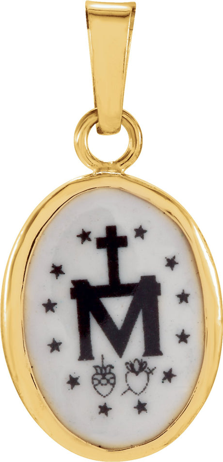 14K Yellow Gold 13x10 mm Oval Hand Painted Porcelain Miraculous Medal