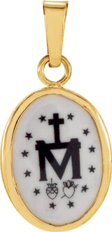 14K Yellow Gold 13x10 mm Oval Hand Painted Porcelain Miraculous Medal