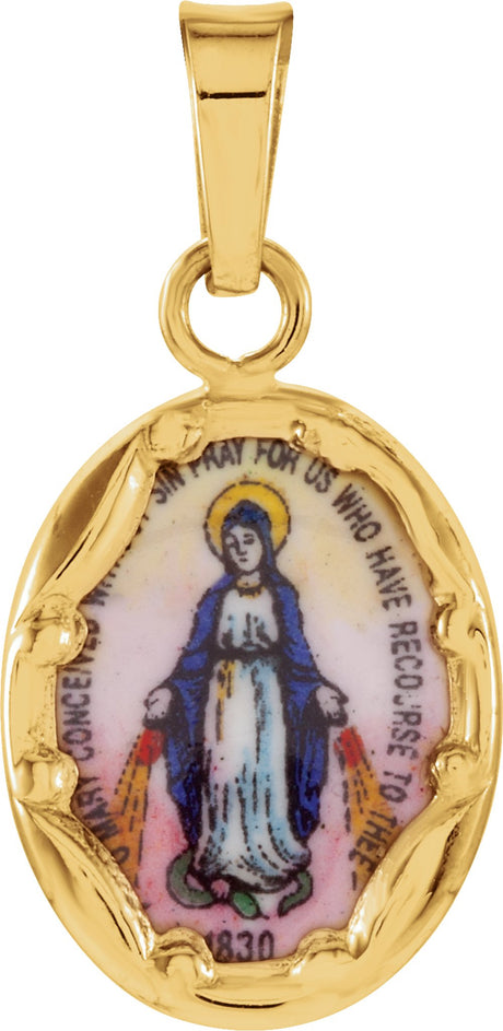 14K Yellow Gold 13x10 mm Oval Hand Painted Porcelain Miraculous Medal