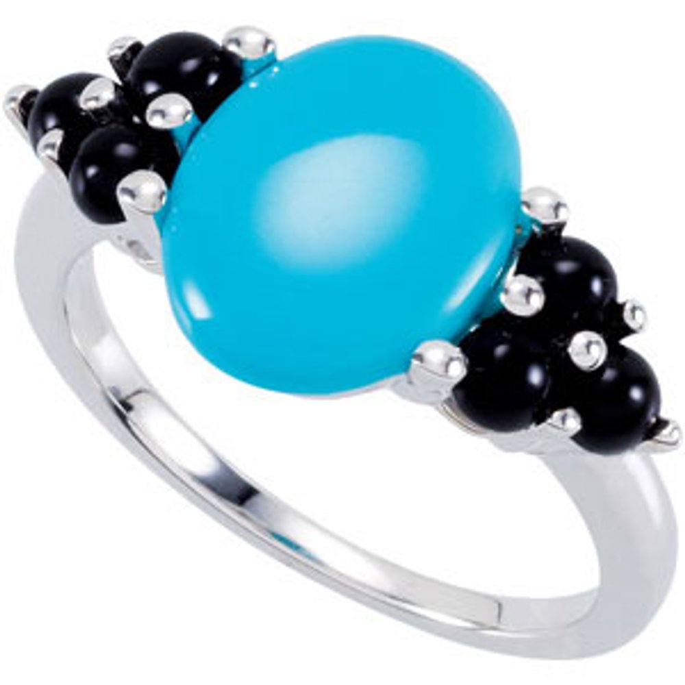 14K White Natural Turquoise & Natural Black Onyx Cabochon Ring