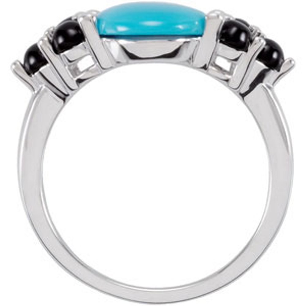 14K White Natural Turquoise & Natural Black Onyx Cabochon Ring