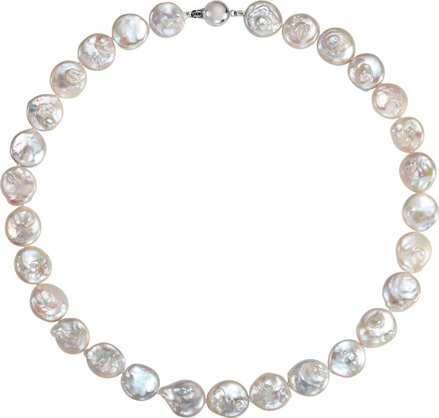 Sterling Silver 13-14 mm Cultured White Freshwater Pearl Coin  18" Necklace