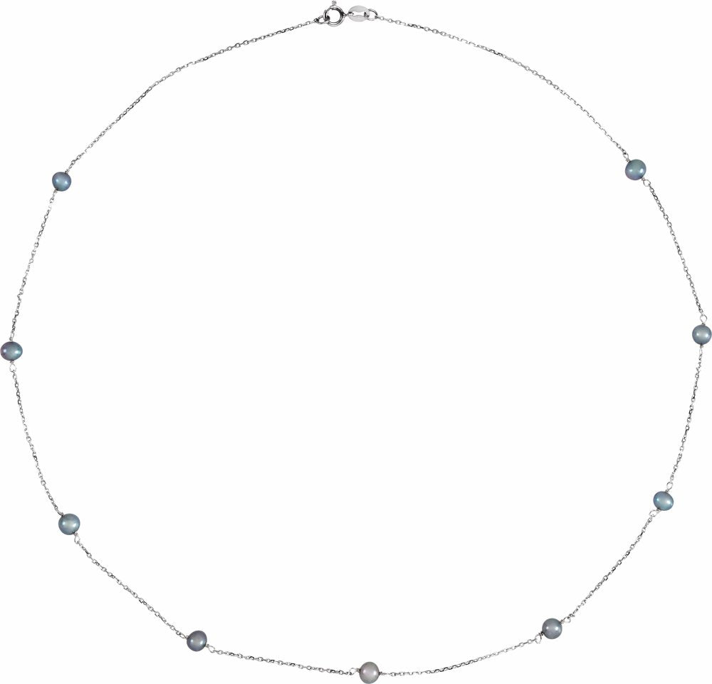 14K White Gold  Cultured Black Freshwater Pearl 9-Station 18" Station Necklace