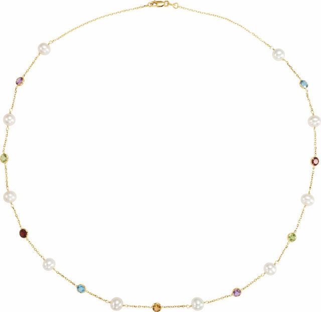 14K Yellow Cultured White Freshwater Pearl & Multi-Gemstone 10-Station 18" Necklace  