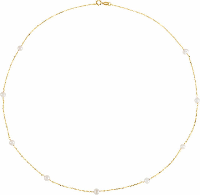 14K Yellow Cultured White Freshwater Pearl 9-Station 18" Necklace 