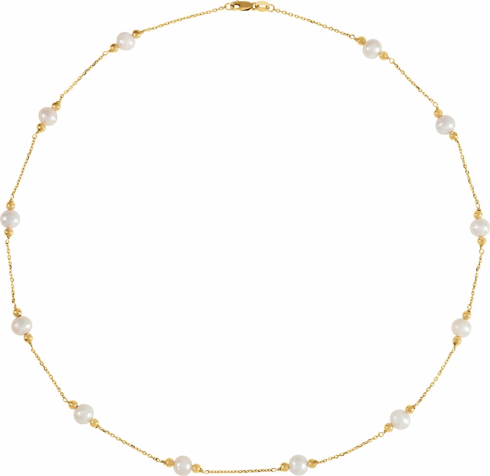 14K Yellow Cultured White Freshwater Pearl & Bead 12-Station 18" Necklace