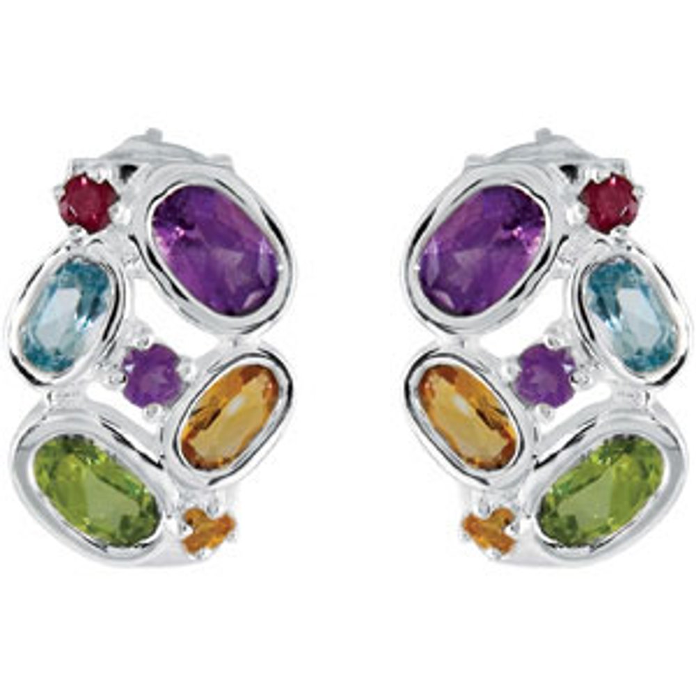 Sterling Silver Multi-Gemstone J-Hoop Earrings