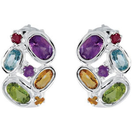 Sterling Silver Multi-Gemstone J-Hoop Earrings