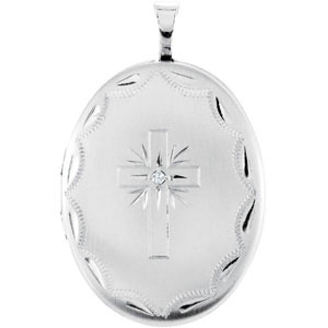 Sterling Silver .015 CT Natural Diamond Oval Cross Locket