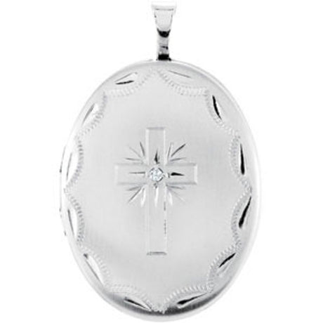 Sterling Silver .015 CT Natural Diamond Oval Cross Locket