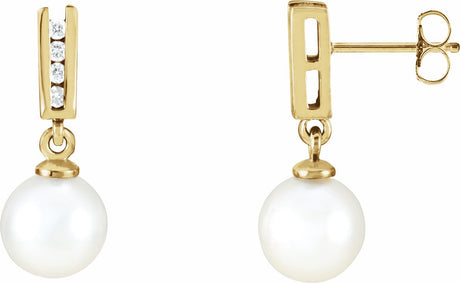 14K Yellow Gold Cultured White Akoya Pearl & 1/10 CTW Natural Diamond Earrings