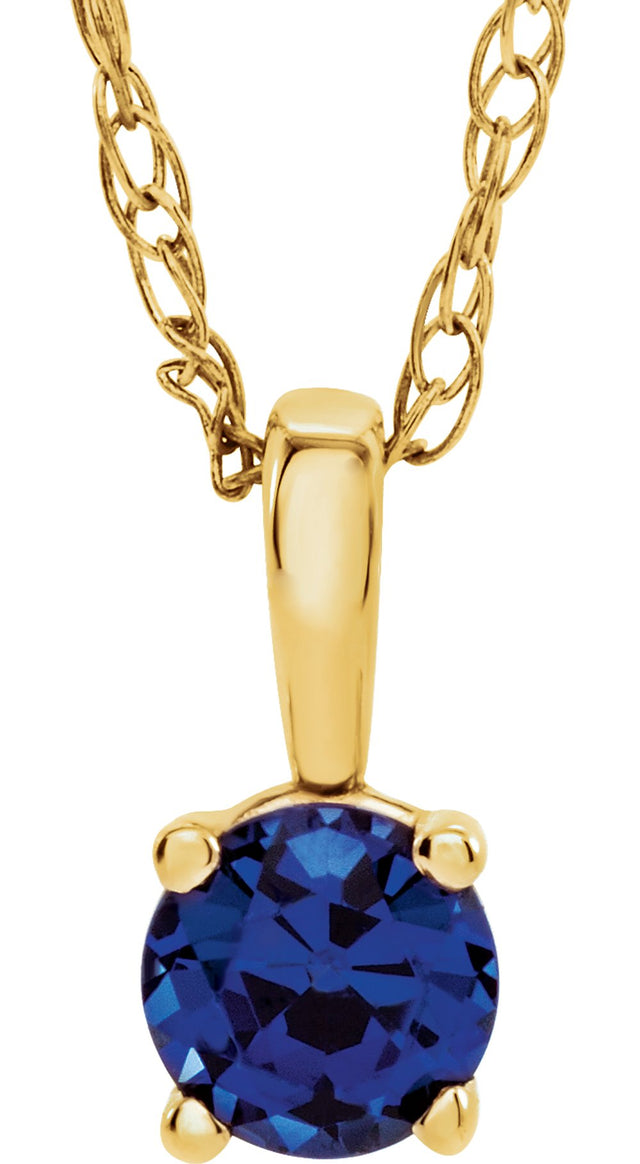 14K Yellow Gold 3 mm Imitation Blue Sapphire Youth Solitaire 14" Necklace