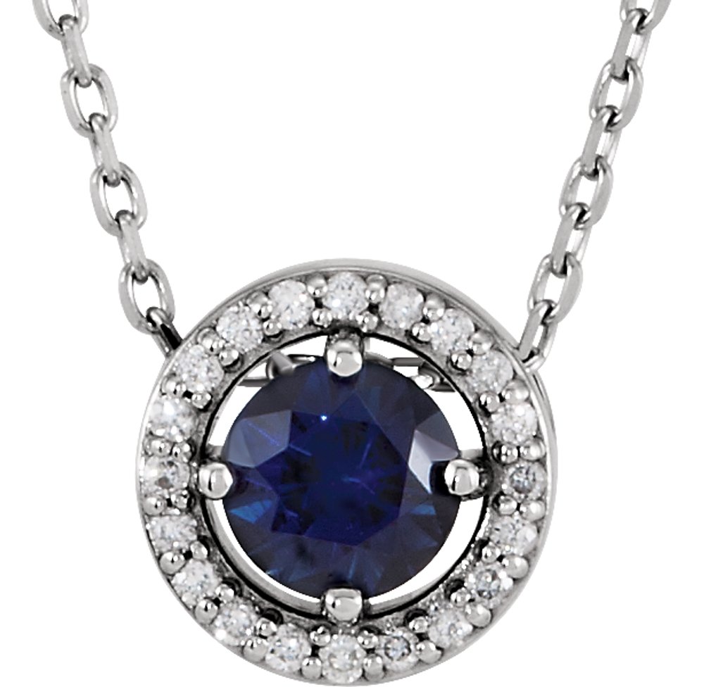 14K White Natural Blue Sapphire & .05 CTW Natural Diamond Halo-Style 16" Necklace