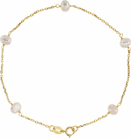 14K Yellow Cultured White Freshwater Pearl  5-Station 7" Bracelet    