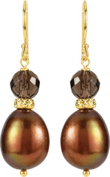 14K Yellow Cultured Chocolate Freshwater Pearl & Natural Smoky Quartz Earrings