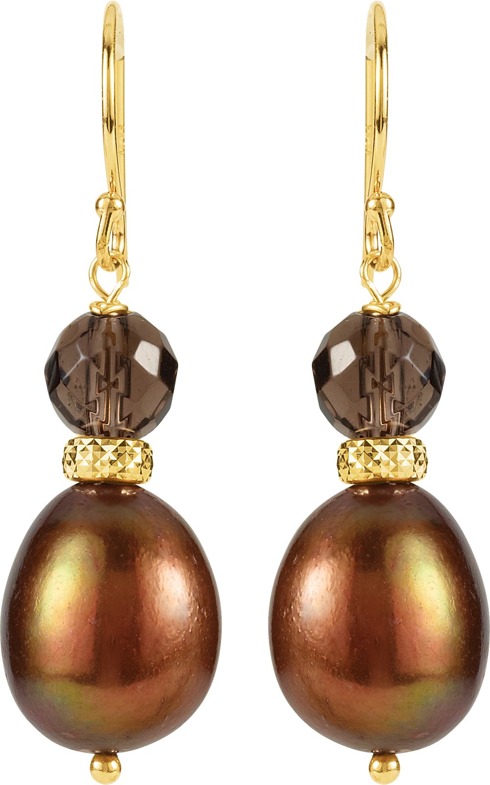 14K Yellow Cultured Chocolate Freshwater Pearl & Natural Smoky Quartz Earrings