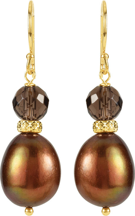 14K Yellow Cultured Chocolate Freshwater Pearl & Natural Smoky Quartz Earrings