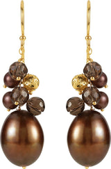 14K Yellow Cultured Dyed Chocolate Freshwater Pearl & Natural Smoky Quartz Earrings