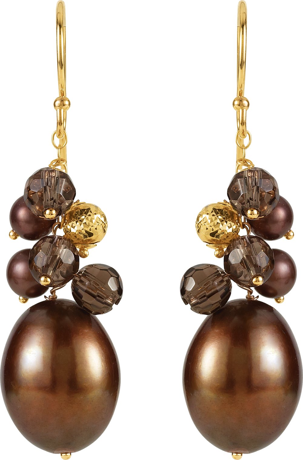 14K Yellow Cultured Dyed Chocolate Freshwater Pearl & Natural Smoky Quartz Earrings