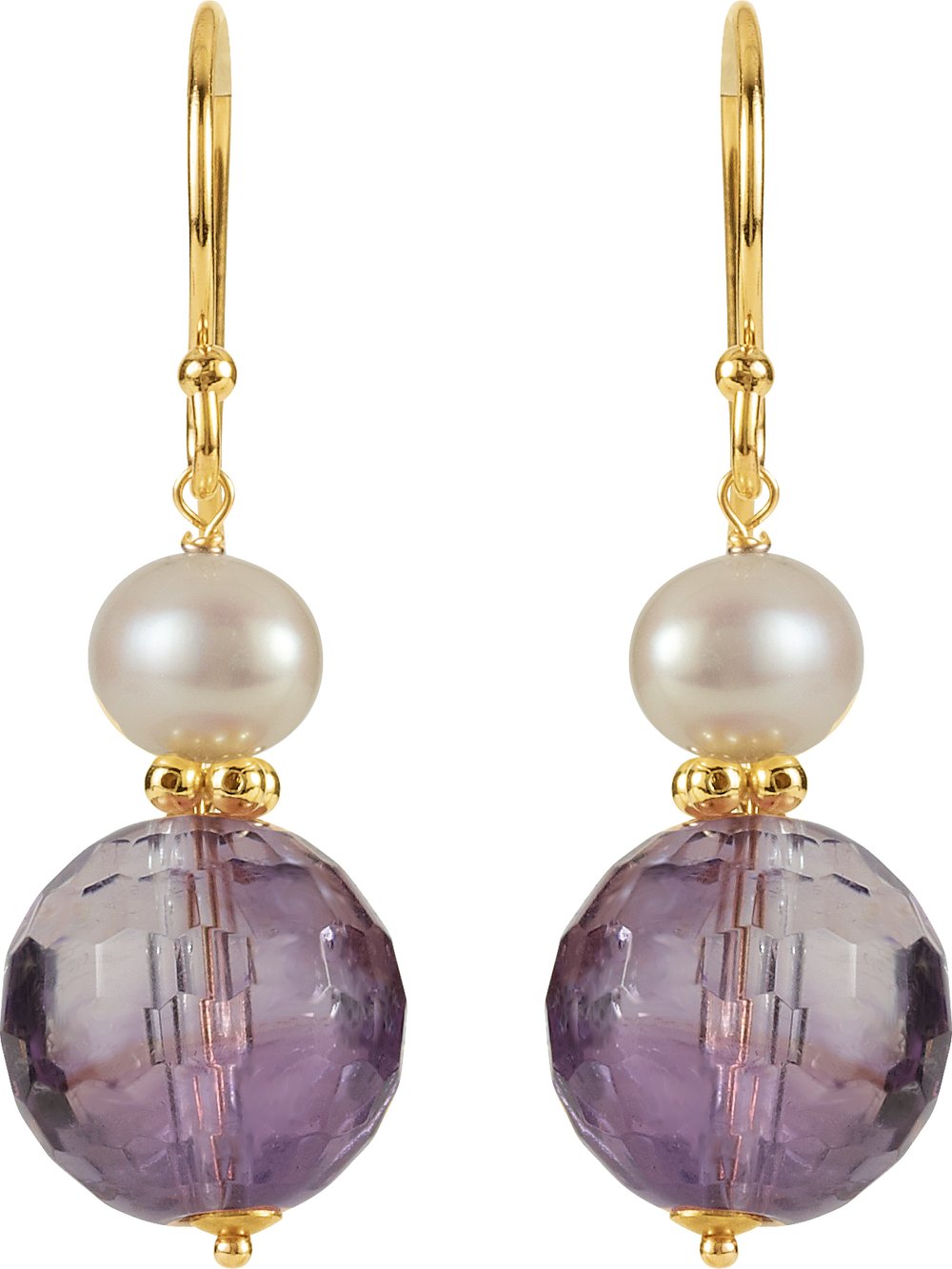 14K Yellow Natural Amethyst & Cultured White Freshwater Pearl Earrings