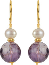 14K Yellow Natural Amethyst & Cultured White Freshwater Pearl Earrings