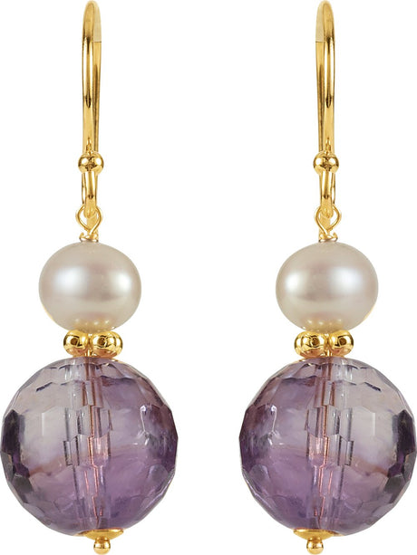 14K Yellow Natural Amethyst & Cultured White Freshwater Pearl Earrings