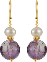 14K Yellow Gold Natural Amethyst & Cultured White Freshwater Pearl Earrings