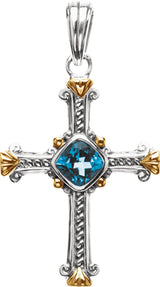 Sterling Silver & 14K Yellow Natural Swiss Blue Topaz Cross Pendant