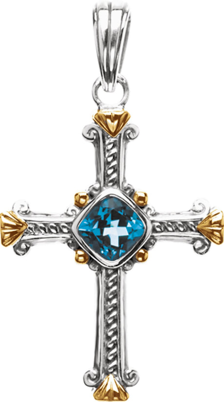 Sterling Silver & 14K Yellow Natural Swiss Blue Topaz Cross Pendant