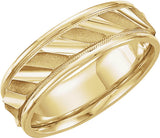 14K Yellow Gold 6.75 mm Milgrain Edge Diagonal Grooved Comfort-Fit Half Round Band Size 10.5