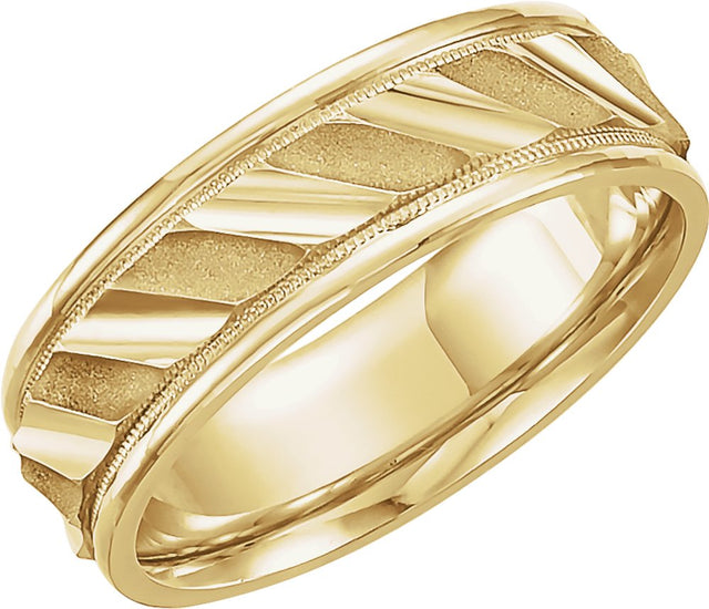 14K Yellow Gold 6.75 mm Milgrain Edge Diagonal Grooved Comfort-Fit Half Round Band Size 10.5