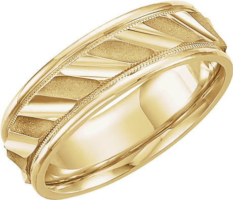 14K Yellow Gold 6.75 mm Milgrain Edge Diagonal Grooved Comfort-Fit Half Round Band Size 6