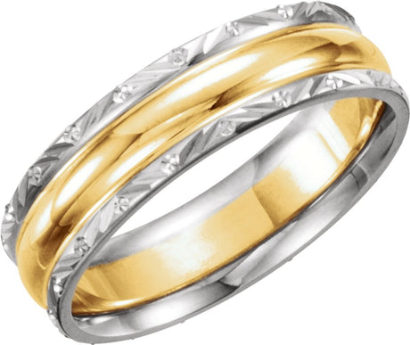 14K White/Yellow/White 6 mm Design-Engraved Band Size 8