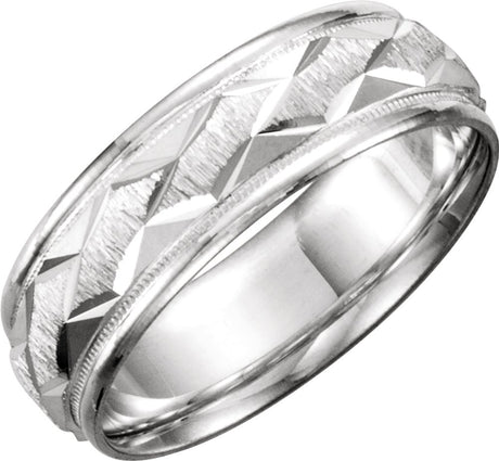 Sterling Silver 7 mm Milgrain Edge Geometric Faceted Comfort-Fit Half Round Band Size 7.5