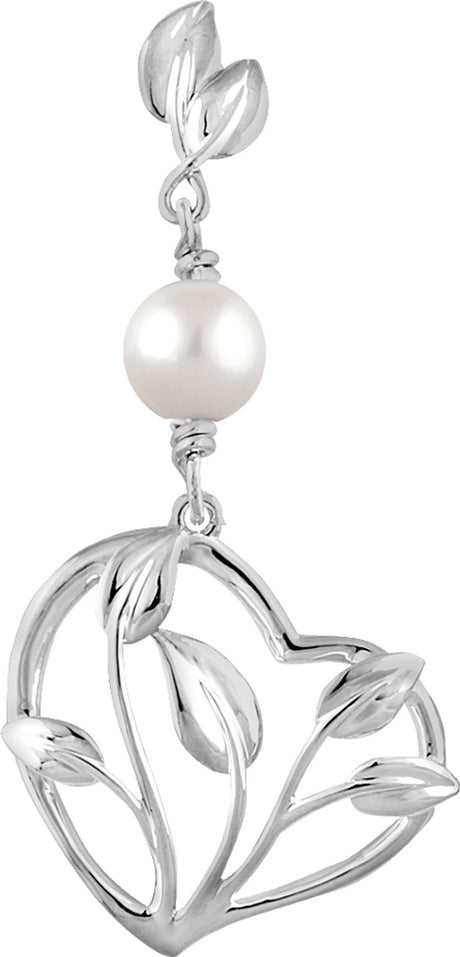 14K White Cultured White Freshwater Pearl Leaf Heart Pendant