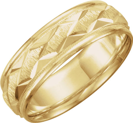 14K Yellow Gold 7 mm Milgrain Edge Geometric Faceted Comfort-Fit Half Round Band Size 11.5