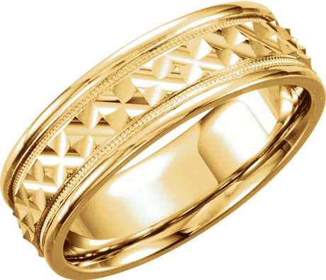 14K Yellow Gold 7 mm Milgrain Geometric Diagonal Grooved Band Size 10
