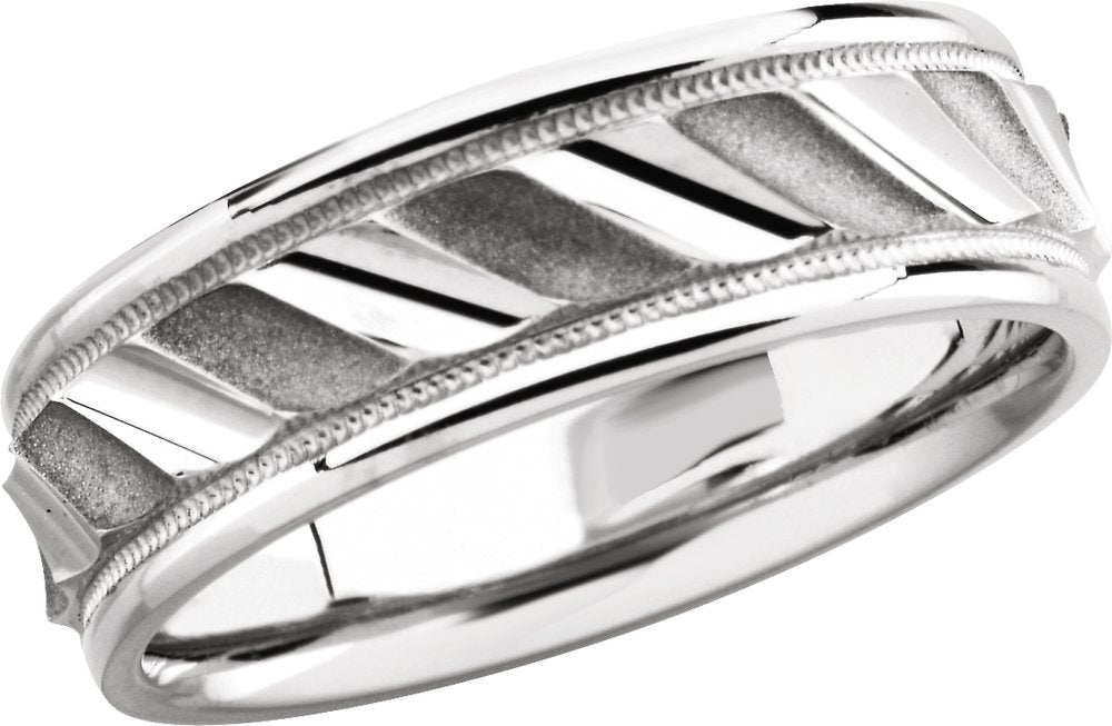 Sterling Silver 6.75 mm Milgrain Edge Diagonal Grooved Comfort-Fit Half Round Band Size 8.5